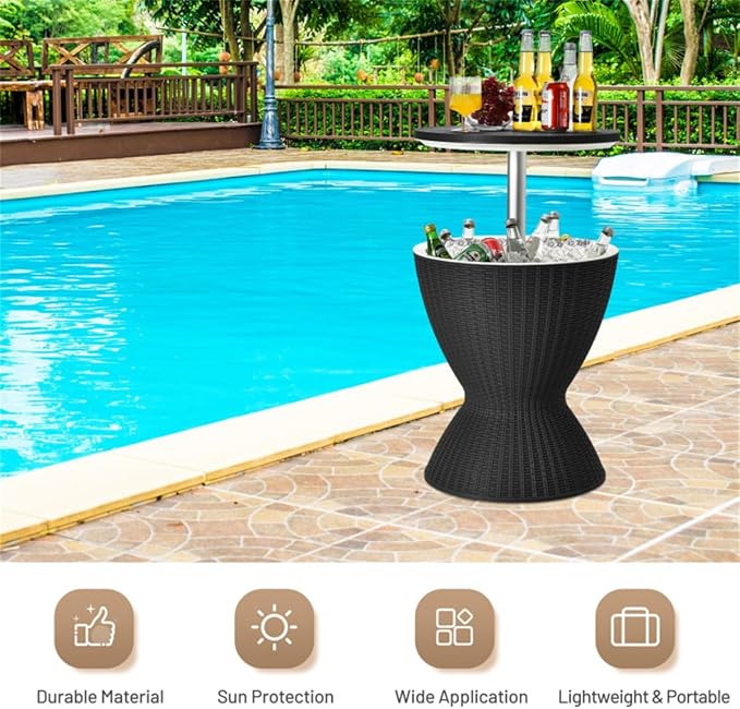 Black Side Table Outdoor Ice Cooler Side Table, 8 Gallon 2-Height Adjustable Portable Beverage Cooler, All-Weather Patio and Beach Party Drink Table, Patio Furniture Cooler Tables for Backyard Parties