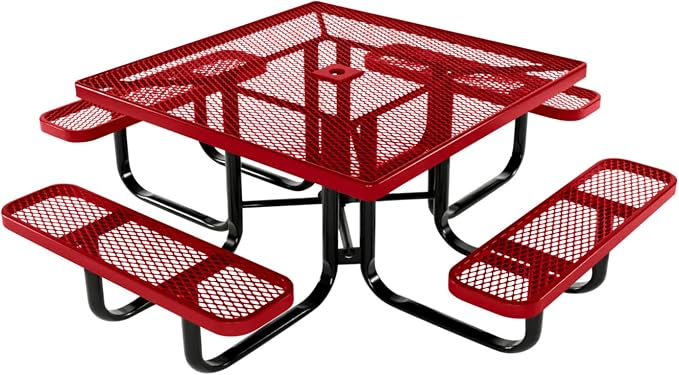 COATEDOUTDOORFURNITURE Heavy-Duty Portable Outdoor Kids Table with Umbrella Hole, Expanded Metal Kids Picnic Table, Commercial-Grade, Made in America (46 in, Square, Childrens, Textured Red)