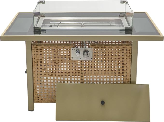 43" Propane Gas Fire Pit Table, 60000 Btu Rectangular Open Weave Wicker Fire Pit with Glass Wind Guard for Outside Patio Deck Garden Backyard - Orange & Mustard Yellow