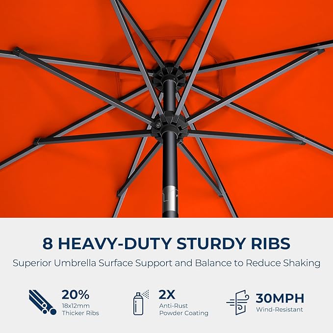 HOMSHADE 9ft Solar Patio Umbrella - Solar Lights LED Lighted Outdoor Market Table Umbrella, UPF50+ UV Protection with Push Button Tilt, Crank for Pool Deck and Garden (Neon Orange)