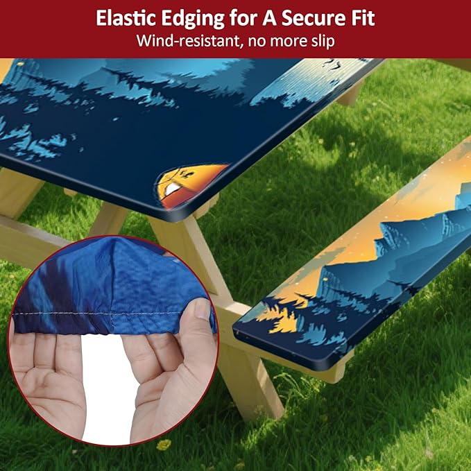KENOBEE Picnic Table Cover with Bench Covers 6FT 3PCS, Camping Essentials Waterproof Windproof Tablecloth with Drawstring Bag, Fitted Rectangle Tables and Seats, 72", Lakeside Ember