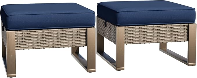 Patio Metal Wicker Ottoman Set of 2, Outdoor PE Rattan Footstools with Removable Cushions & Wood-Looking Metal Steel Framed Legs for Garden Backyard Porch Deck, Dark Blue
