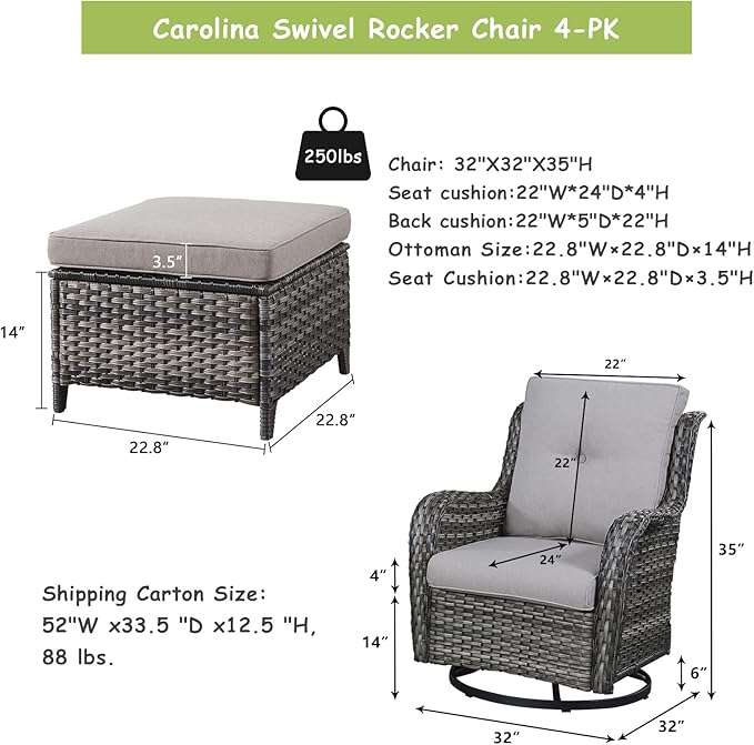 Rilyson Wicker Patio Furniture Set - 4 Piece Rattan Outdoor Patio Conversation Sets with 2 Swivel Rocking Chairs,2 Ottomans for Porch Deck Garden(Mixed Grey/Grey)