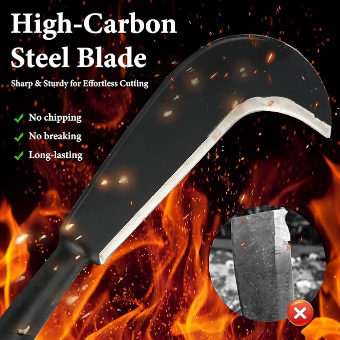 Sickle Garden Tool, Heavy Duty Carbon Steel Billhook Machete for Cutting Trees, Hand Grass Weeding Brush Clearing Sickle Knife with Wooden Handle Sharp Blade Portable for Yard Work Camping Farming