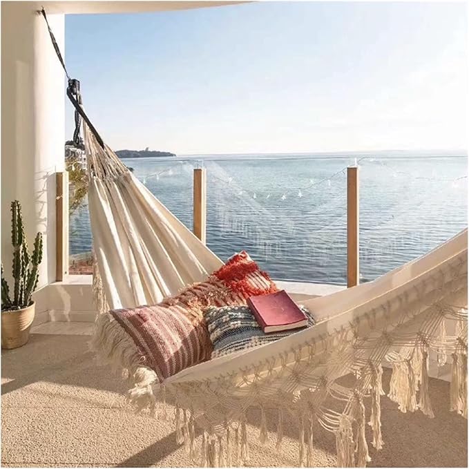 Swing Set Upholstery Hammock, Hammock for 2, Bohemian Style, Brazilian Lace Fringe, Carrying 250kg, Canvas Swing Chair, Indoor Hanging Swing Swing Seat (Color : Single Hammock Lace)