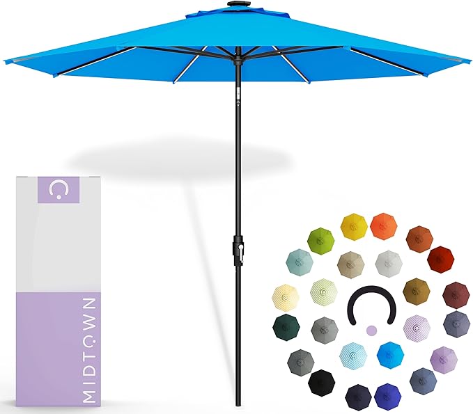Midtown Umbrellas The LED Swilt 9 Feet Patio Umbrella With Terylast Cobalt (Blue) Polyester Fabric - Auto-Tilt Aluminum Frame With LED Lights For Backyard, Deck, Garden, Pool - Black Pole