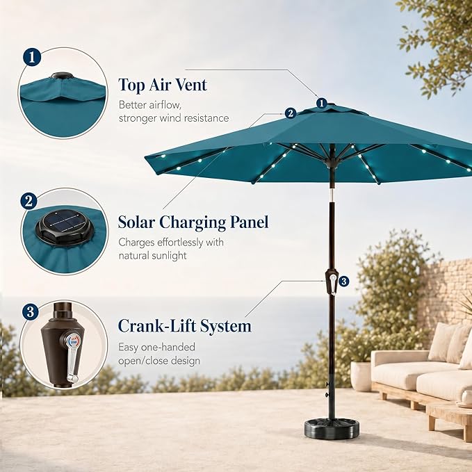 11FT Solar Patio Umbrella with Lights, Outdoor Table Market Umbrella with 32 LED Lights, 8 Sturdy Ribs, Smooth Crank Lift for Pool, Deck and Garden, UV-Resistant