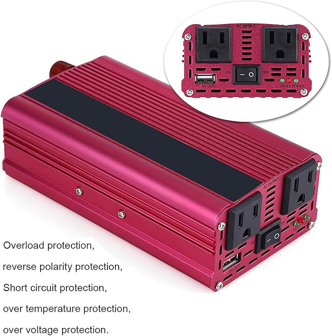1500 Watt Inverter, Inversor de Corriente 12V DC A 110V, Power Inverter, with 3.1 A USB Port, for in Car Us, Vehicles, Red