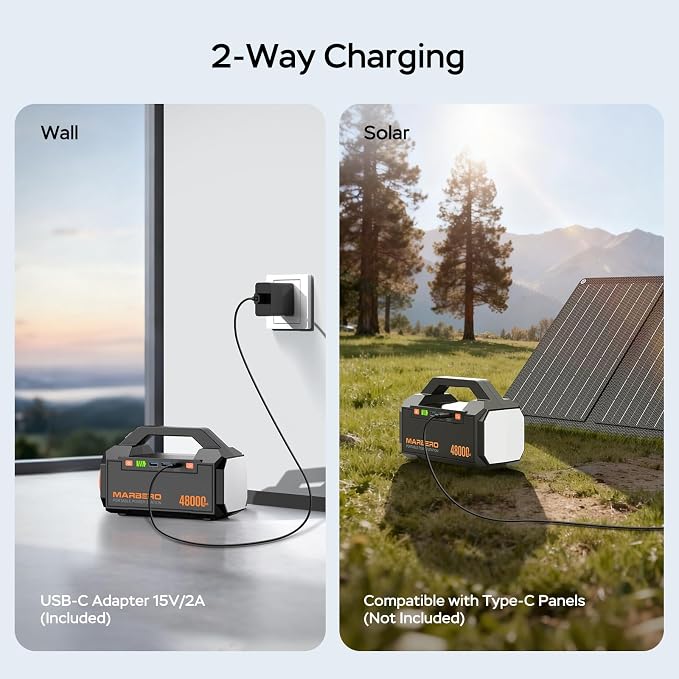 MARBERO Portable Charger Power Bank 48,000mAh Emergency 177.6Wh Portable Power Station, Fast Charging USB-C 60W PD Bright LED Flashlight & Panel for Travel, Camping, Business Trips & Outages