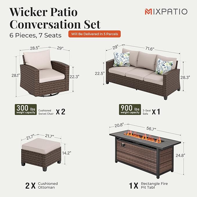Swivel Glide Outdoor Patio Furniture Set, 6 Pcs Wicker Patio Conversation Set, 2 x Swivel Chairs, 1 x 3 Seater Sofa and 2 x Ottomans with 4" Thick Cushions and 56" Fire Pit Table, Beige