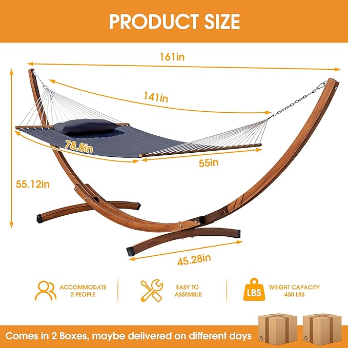 Lazy Daze Hammocks Double Quilted Hammock with 13 FT Curved Steel Heavy Duty Stand and Pillow for Outside, Backyard, Patio, 450 Lbs Capacity, Dark Grey