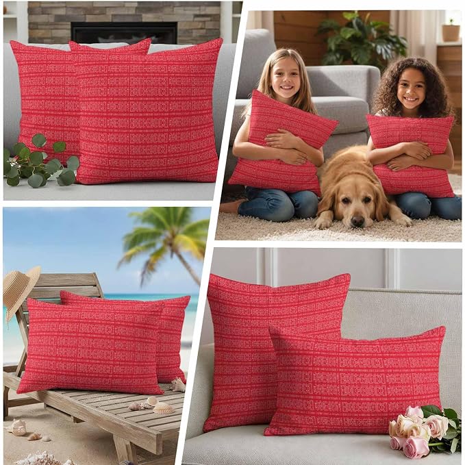 Outdoor Waterproof Throw Pillow Covers Set of 2 Red Stripes Grain Pillowcases 24x24 Inches Solid Color Decorative Pillows Cushion Case Patio Pillows for Couch Bed Chair Garden