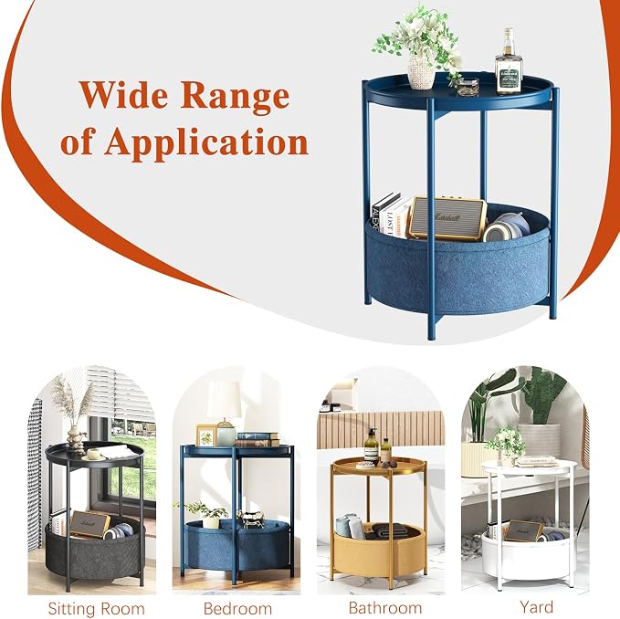 Garden 4 you Side Table with Fabric Storage Basket, Round Metal End Table, Small Bedside Table Nightstand with Removable Tray, for Nursery, Living Room, Bedroom, Bathroom, Blue