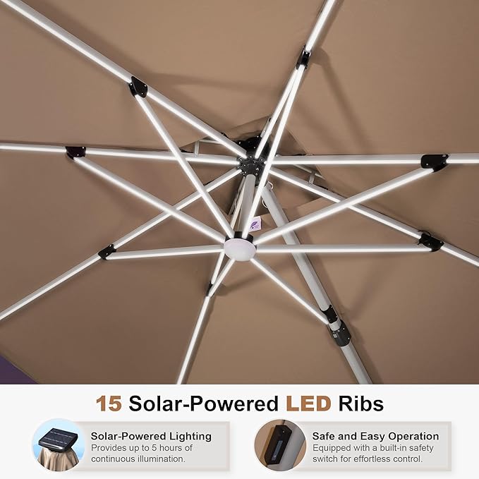 PURPLE LEAF 13ft Patio Umbrella with Lights Outdoor Round Large Cantilever Umbrella Solar Powered LED Windproof Offset Umbrella Heavy Duty for Garden Deck Pool Patio, Beige