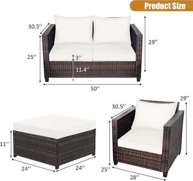 DORTALA 5-Piece Outdoor Patio Conversation Set, Loveseat and 2 Ottoman, Outdoor Sectional Rattan Sofa Set, Multifunctional Rattan Furniture Set Suitable for Backyard Garden Poolside Balcony, White