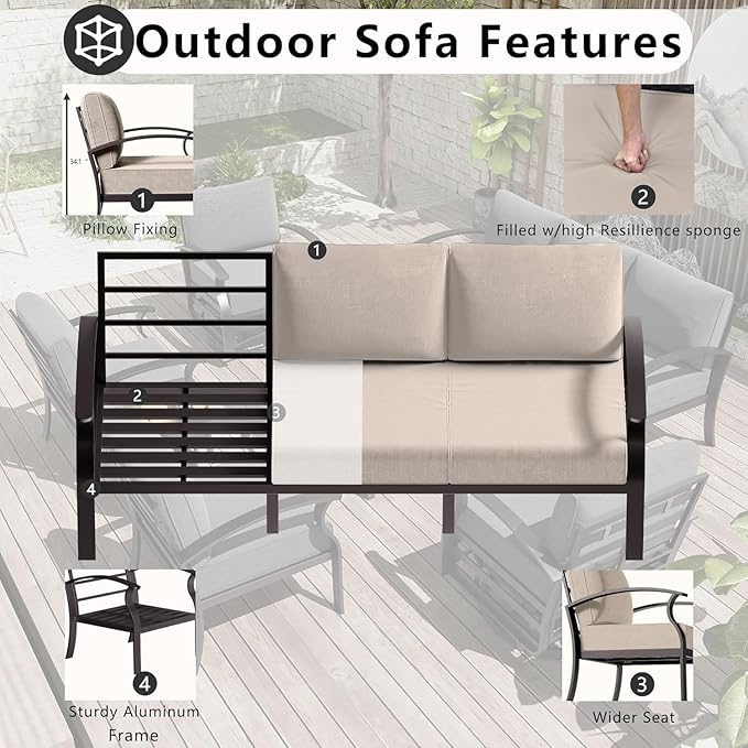 Aluminum Patio Furniture Set with Fire Pit Table, 7 Seats Outdoor Patio Conversation Sets with Swivel Chair Modern Metal Sectional Sofa with Upgrade Cushions for Patio, Backyard