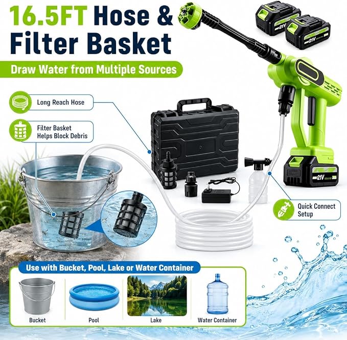2026 Upgrade Cordless Portable Pressure Washer,1800 Psi Battery Powered Power Washer,Cordless Pressure Washer with 6-in-1 Nozzle,16.5ft Drain Hose & Foam Cannon,for Car,Home,Patio (B, 5 Battery*2)
