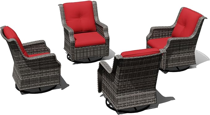 Outdoor Patio Furniture Set, 4 Piece Wicker Patio Furniture with Thick Cushions, Curved Armrest, Deep Seating, Outdoor Swivel Rocker Chairs for Porch, Deck, Balcony