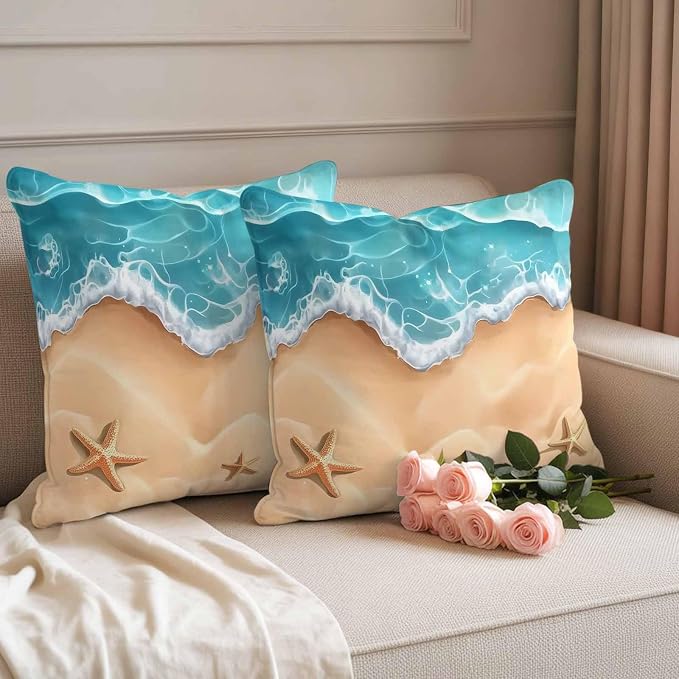 Ocean Beach Waterproof Outdoor Pillow Covers Set of 2 Home Decor, Starfish Sea Waves Coastal Seaside Sand Pillowcase Patio Pillow Covers for Couch Bench Furniture Garden 24x24in