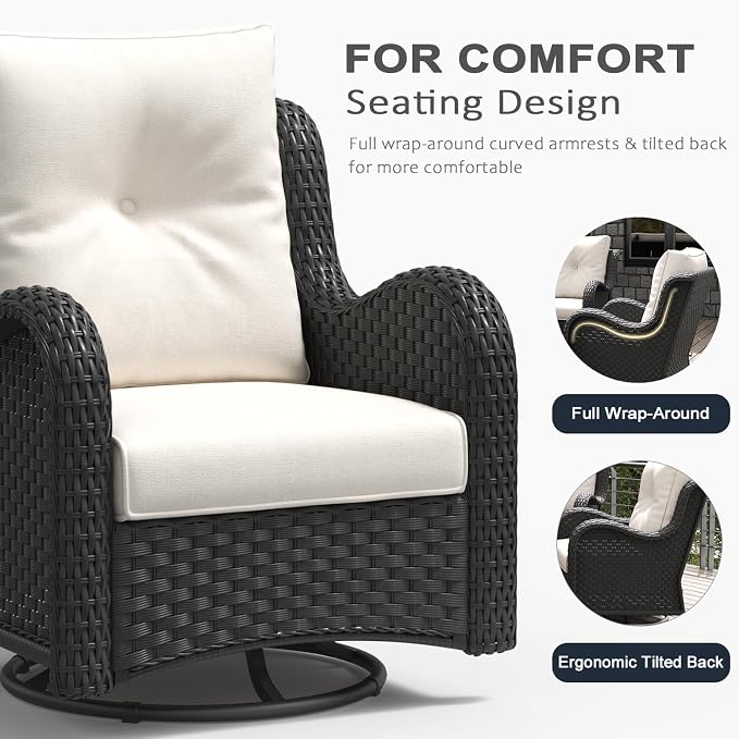 LayinSun 3 Pieces Outdoor Patio Furniture Set, Rattan Wicker Swivel Rocker Chairs Sets with Swivel Glider Chairs and Coffee Table