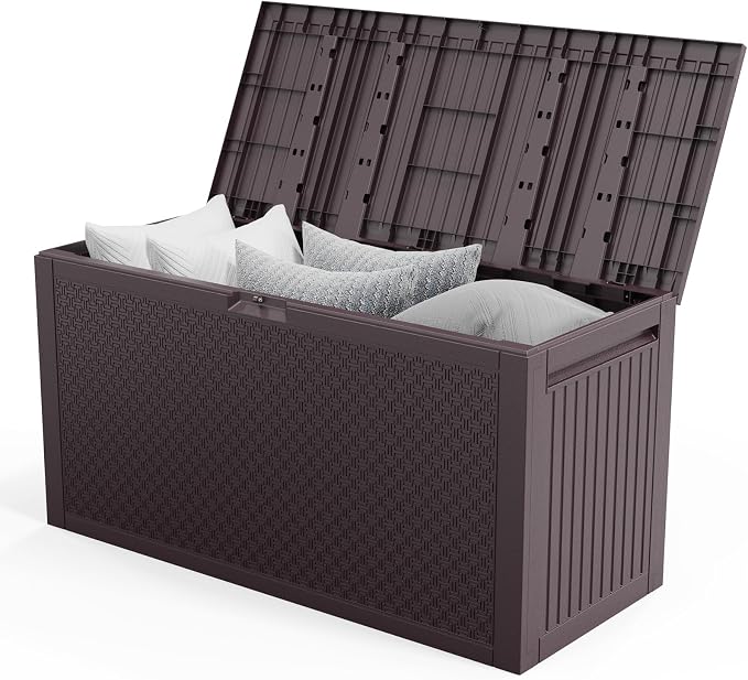 90 Gallon Large Outdoor Storage Box, Indoor and Outside Deck Box with Lockable Design Lids, Waterproof Resin Storage Containers Bin for Garden, Garage, Patio, Poolside, Toy Storage Brown