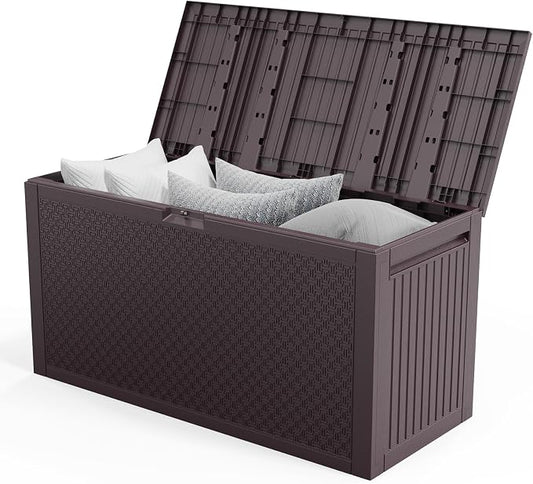 90 Gallon Outdoor Storage Box with Maze Texture, Waterproof Resin Deck Box for Patio Furniture Cushions, Lockable & Weather Resistant Garden Bin for Pool Toys & Tools, Brown