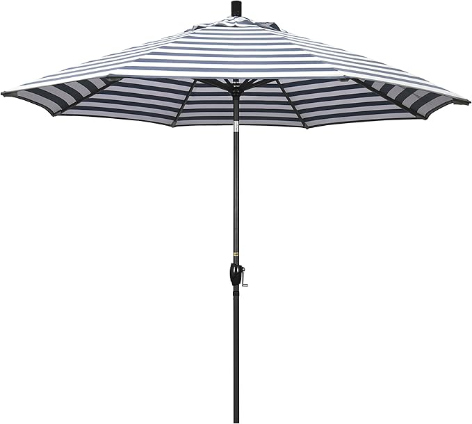 California Umbrella 9' Round Aluminum Market Umbrella, Crank Lift, Push Button Tilt, Black Pole, Navy/White Olefin