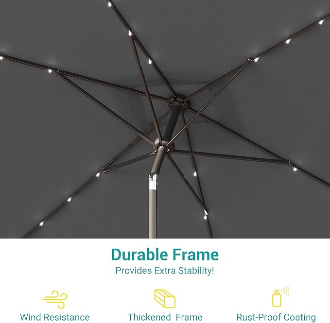 Rectangle Patio Umbrella with Solar Lights, 10 x 6.5ft Rectangular Outdoor Umbrella Table Market Patio Umbrella with Push Button Tilt and Crank for Garden, Deck, Backyard, Pool