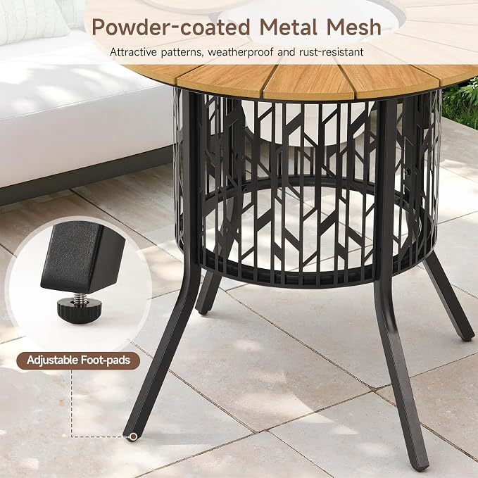 ONBRILL Round Patio Coffee Table with 3.3 Gallon Ice Bucket, 31.5 Inch Solar-Light Cooler Side Table, HDPS Outdoor Dining Table with Metal Base for Outside, Porch, Garden, Backyard, Black & Oak