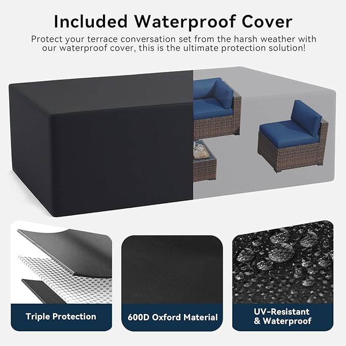 LazySunsets 7 Piece Outdoor Patio Furniture Set with Coffee Table, Outdoor Patio Furniture Sets with Waterproof Cover, Wicker Rattan Outdoor Conversation Set for Backyard & Garden, Blue