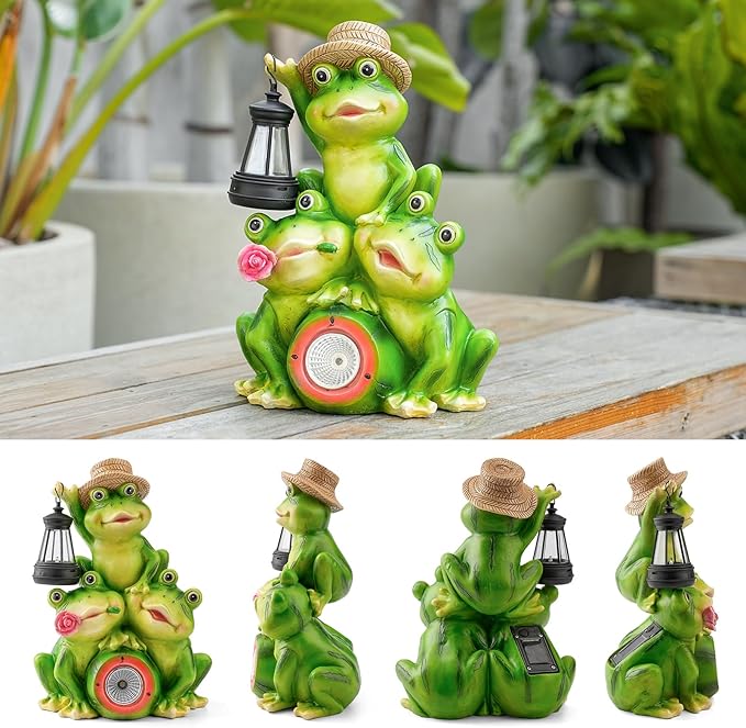 Joint Honglin Solar Frog Family Garden Statue Figurines with Lantern & LED Light – Cute Solar Yard Decor for Lawn, Patio & Outdoor Pathway(Family Frogs)