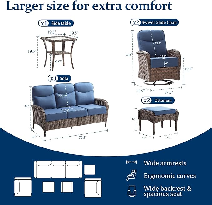 Outdoor Swivel Rocking Chair Patio Set (6-Piece), High-Back - Thick Cushion Swivel Rocking Chair Patio Set, All-Weather Wicker Patio Furniture Set, Suitable for Balcony Patios, Brown/Blue