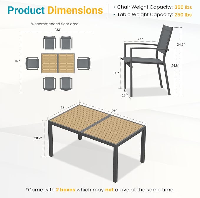 FansaFurn Patio Table and Chairs Set for 6, Outdoor Patio Furniture Set with Metal Textilene Chairs and Aluminum Table, All-Weather Outdoor Dining Set with HDPS Rectangular Tabletop for Patio Porch