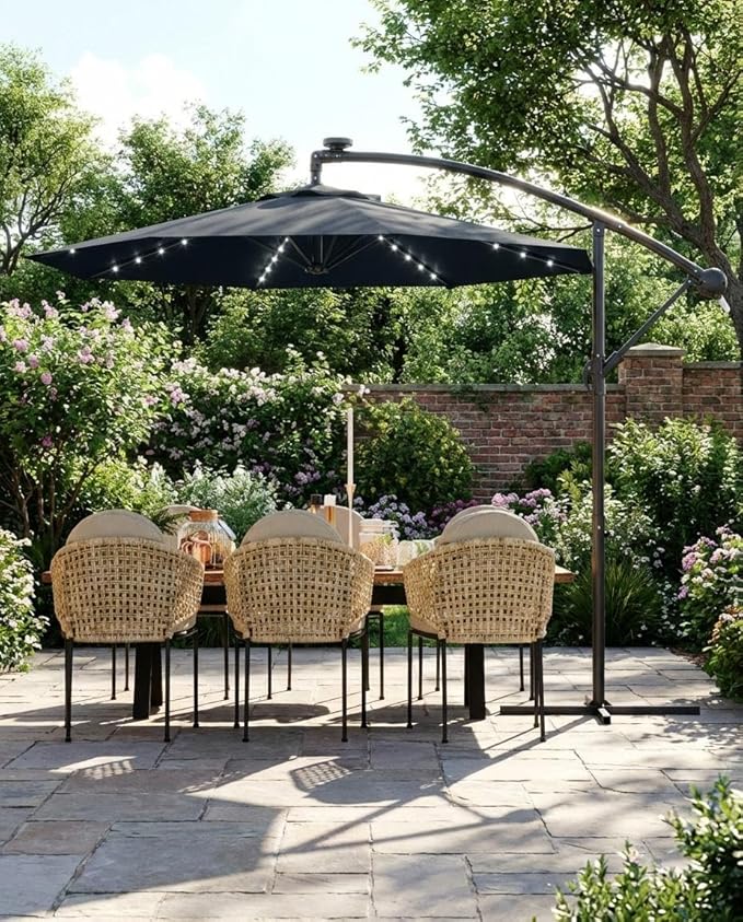 10FT Cantilever Patio Umbrella with Solar LED Lights - Heavy Duty 2-Tier Square Aluminum Offset Outdoor Umbrella, 360° Rotation for Poolside, Backyard, Deck Outdoor Use, Tan