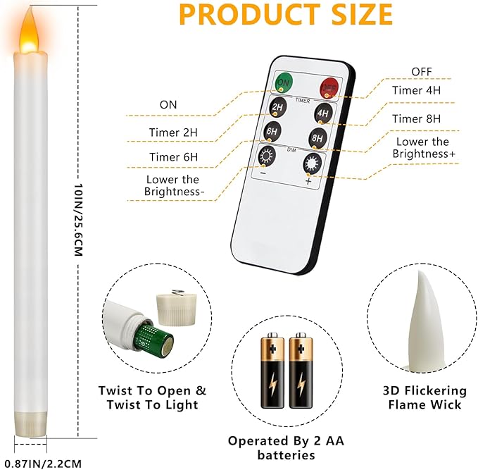 wemarry Flameless Taper Candles 10" Dripless Battery Operated Taper Candles Included Remote Timer 400+ Hours by 2AA Batteries for Halloween Christmas Wedding (White, 24 Pack)
