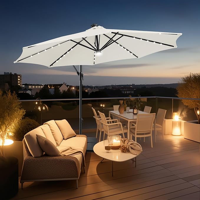 FLAME&SHADE 10ft Solar Cantilever Umbrella with 40 LED Lights, Lighted Large Offset Outdoor Patio Umbrellas, 8 Sturdy Ribs, UPF50+ UV Protection for Pool Deck Garden Yard, Ivory