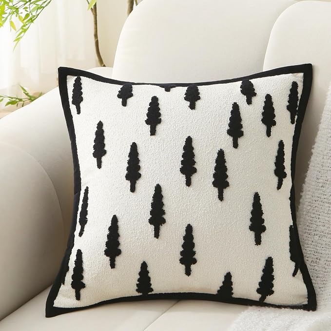 Boho Tufted Chenille Throw Pillows with Inserts, 18 x 18 Inch Soft Square Decorative Pillows, Modern Farmhouse Cushions for for Home, Patio, Couch, Bedroom, Living Room (Black Tree)