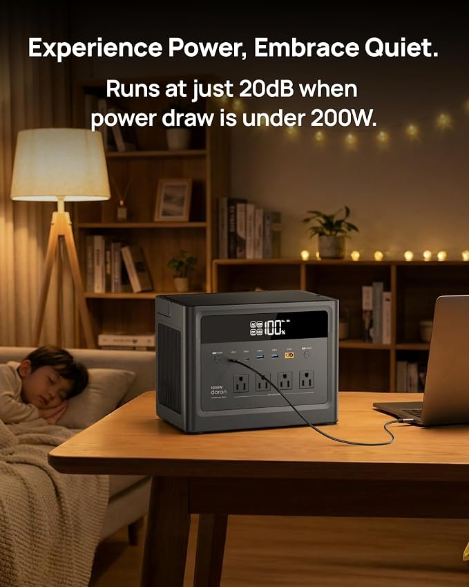 DARAN Portable Power Station 1000W, 576Wh Solar Generator with 4 AC Outlets (2000W Surge), 100W PD Fast Charge, LiFePO4 Battery Backup for Camping, RV & Home Use