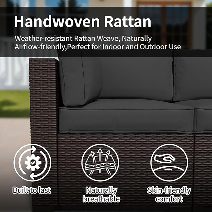 7 Piece Patio Furniture Set, Wicker Patio Conversation Sets, Outdoor Sectional Furniture with Tempered Glass Table, for Backyard, Deck, Garden, Dark Brown Rattan & Dark Gray Cushions