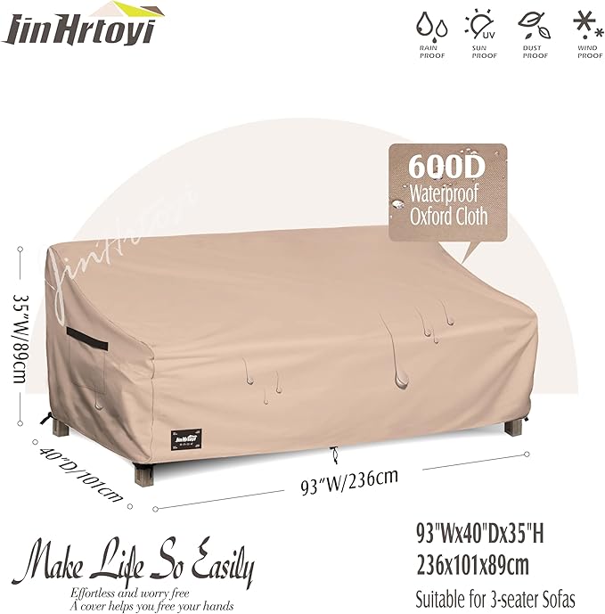 3-Seater Outdoor Couch Cover, 93Wx40Dx35H inches Outdoor Furniture Covers Waterproof,100% Waterproof Heavy Duty Patio Furniture Covers,Light Brown Minimalism Style Outdoor Sofa Cover