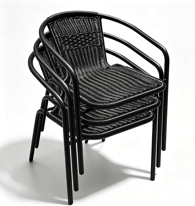 8 Piece Patio Chairs Set, Stackable Outdoor Rattan Chairs, Weatherproof Wicker Patio Seating for Balcony, Porch, Lawn, Small Patio Furniture Set for Backyard, Garden, Poolside, Black