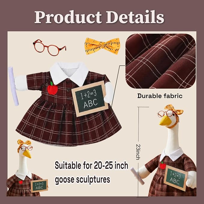 Back to School Porch Goose Outfit – Teacher Costume Set with Ruler Headpiece, Glasses, Plaid Skirt, Exam Papers & Chalkboard Prop for 23'' H Plastic/Cement Statues, Classroom Yard Garden Decor