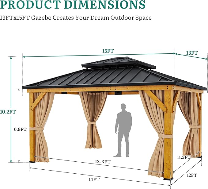 YITAHOME 13X15 Wood Gazebo Hardtop with Nettings and Curtains, Heavy Duty Double Roof Galvanized Steel Outdoor Wood Frame Roof for Patio, Backyard, Deck, Lawns