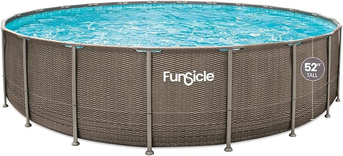 Funsicle Oasis Designer Above Ground Metal Frame Swimming Pool Set – with FB1800S AutoSkimmer Pump, Ladder, Cover, Cloth & Deluxe Maint. Kit, 22' x 52", Round, Double Rattan
