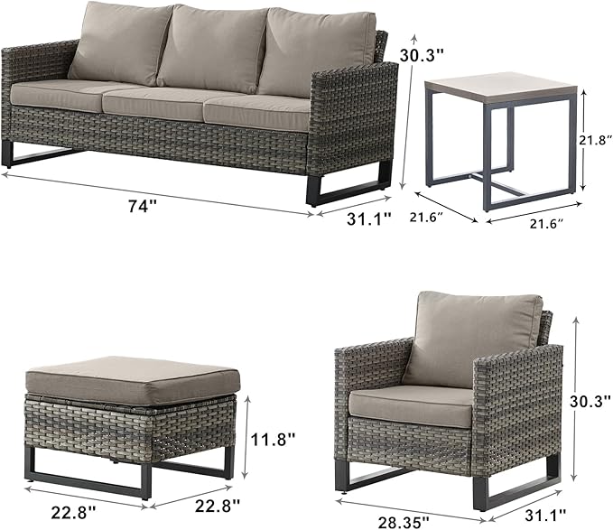 Rilyson Wicker Outdoor Patio Furniture Set - 6 Piece Patio Conversation Set with 2 Armrest Chairs,2 Rattan Ottoman,1 Couch and 1 Metal Side Table for Outside Porch Deck Backyard(Mixed Grey/Grey)