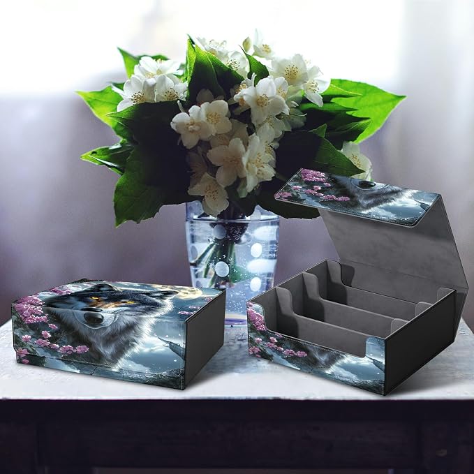 Large Card Deck Box for MTG, Fits 1200+ Sleeved Cards, PU Leather Storage Case with Strong Magnetic Closure, Multiple Colors for TCG CCG Baseball Card Collections, Cherry Blossom Gray Wolf