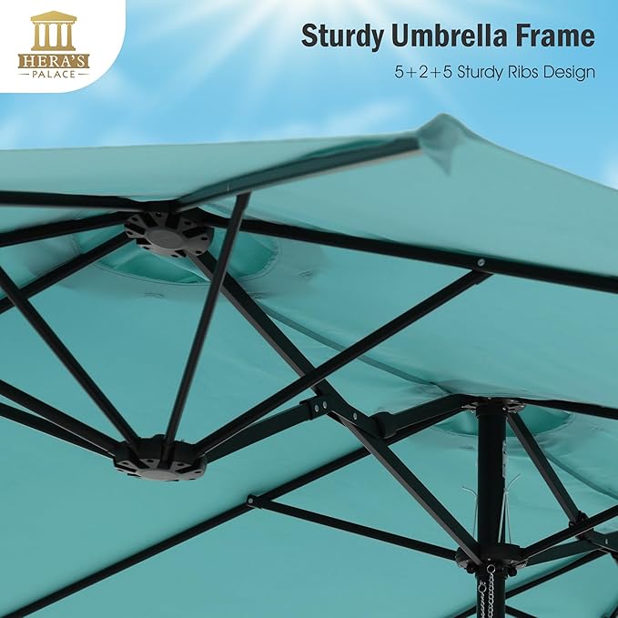 HERA'S PALACE Umbrella Patio Outdoor with Base 15ft Rectangle Table Double Market Umbrellas Clearance Large Included Stand for Deck Outside Pool Turquoise