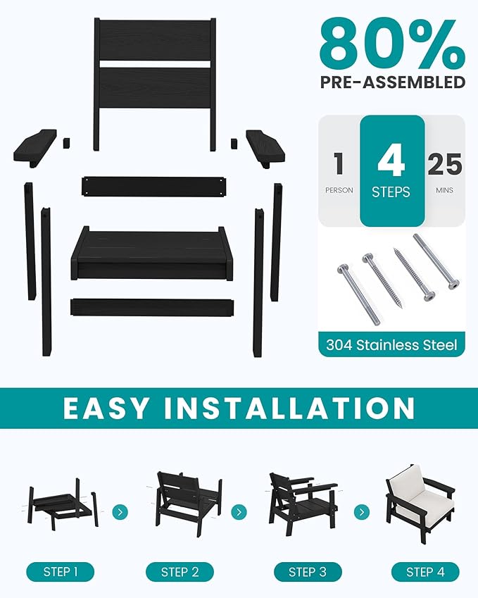 SERWALL HDPE Outdoor Couch Set of 2, All-Weather Wood-Like Patio Furniture Set, Black Outdoor Sofa Chairs with Khaki Cushions