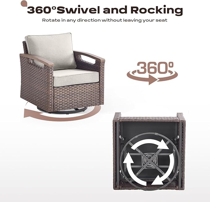 Rilyson Wicker Outdoor Patio Furniture Set - 5 Piece Patio Conversation Sets with Swivel Rocker Chairs, Ottomans and Side Table, Thick Cushions, Waterproof Wicker, for Porch Deck Brown/Beige