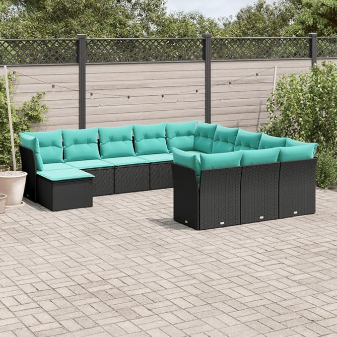 12 Piece Patio Sofa Set with Cushions, Garden Lounge Set Porch Furniture Set Sectional Sofa Patio Conversation Set for Poolside Garden Piazza Exhibition Black Poly Rattan